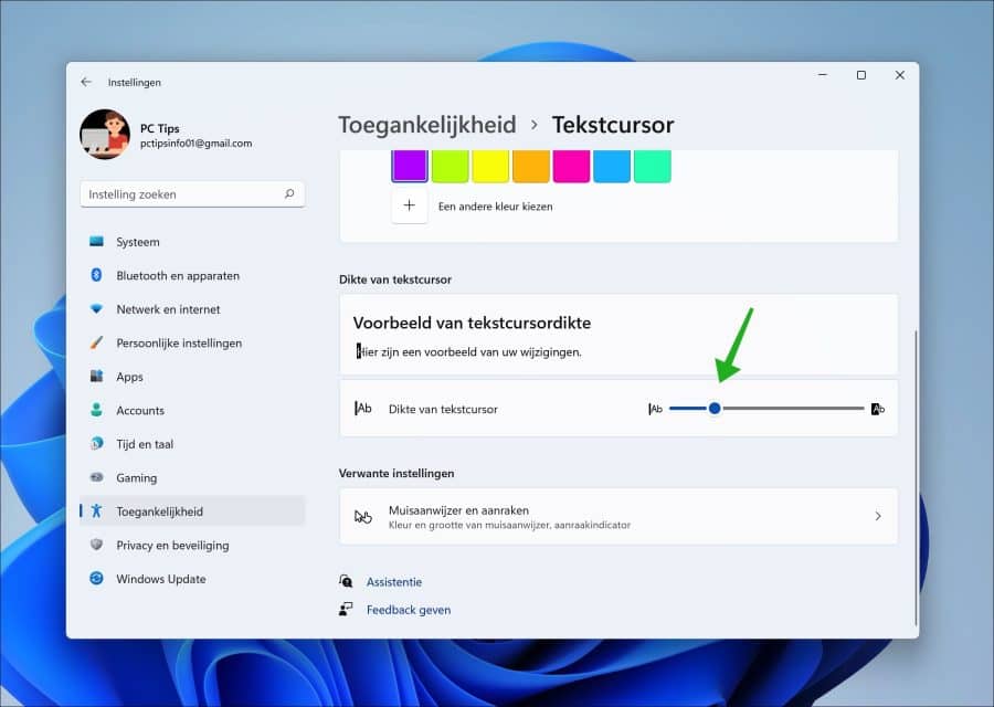 Dikte van tekstcursor wijzigen in Windows 11