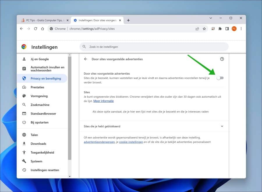 Door sites voorgestelde advertenties uitschakelen in Google Chrome