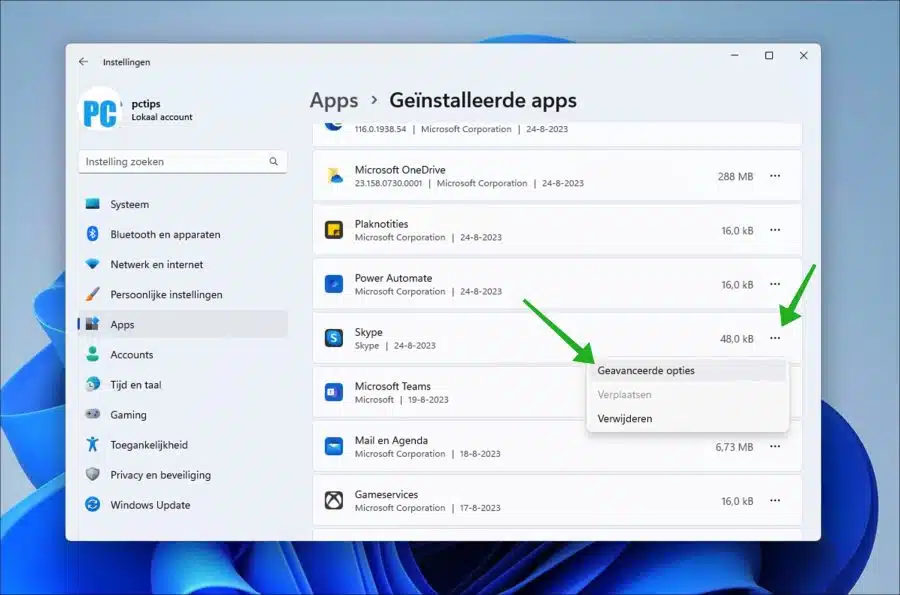 Geavanceerde opties in apps