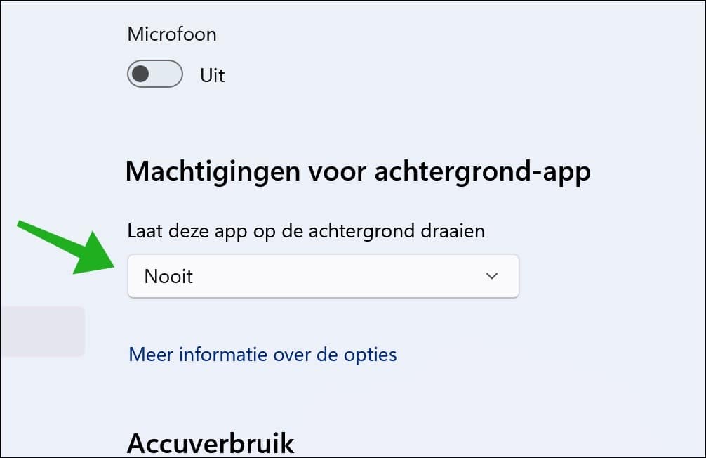 Laat deze app op de achtergrond draaien naar Nooit
