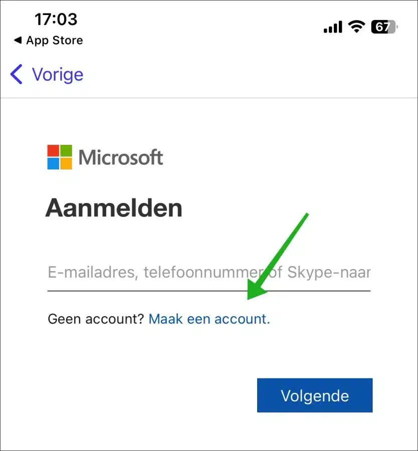 Maak Microsoft account via mobiele app