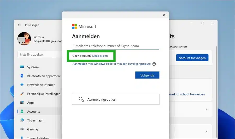 Microsoft account aanmaken via Windows 11 instellingen