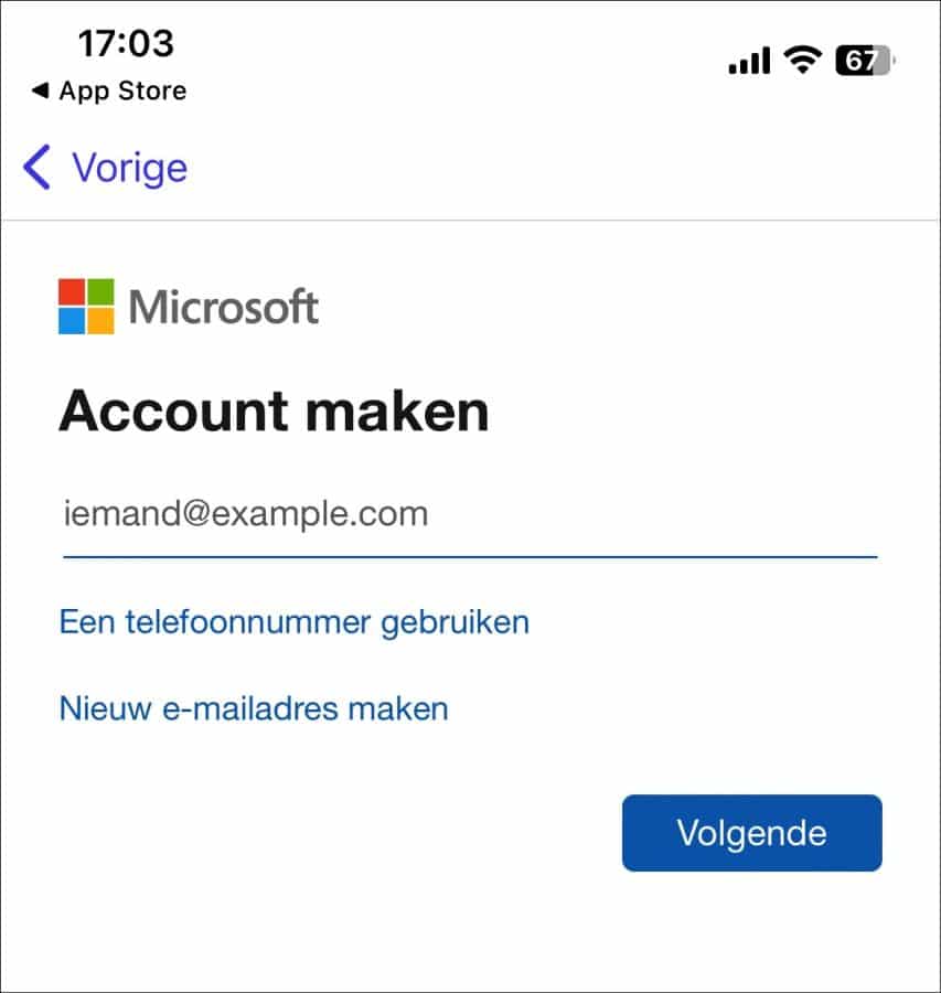 Microsoft account aanmaken via ios of android