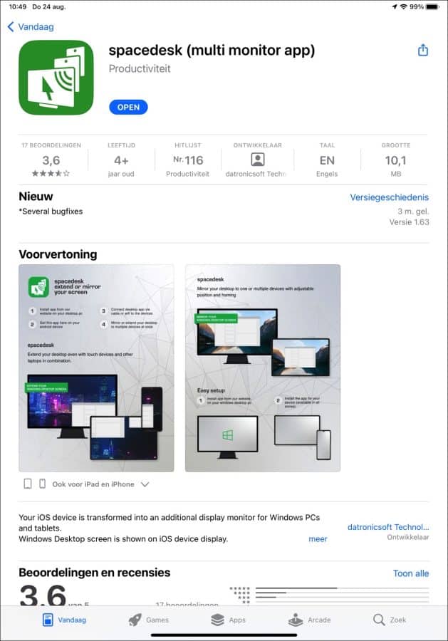 Spacedesk multi monitor app voor iPad