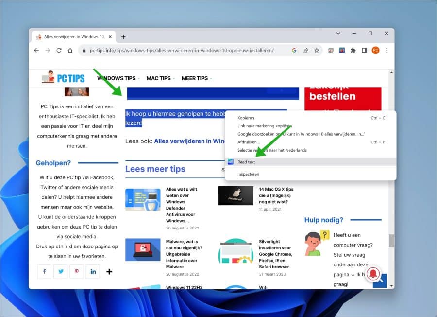 Tekst selectie van website voorlezen