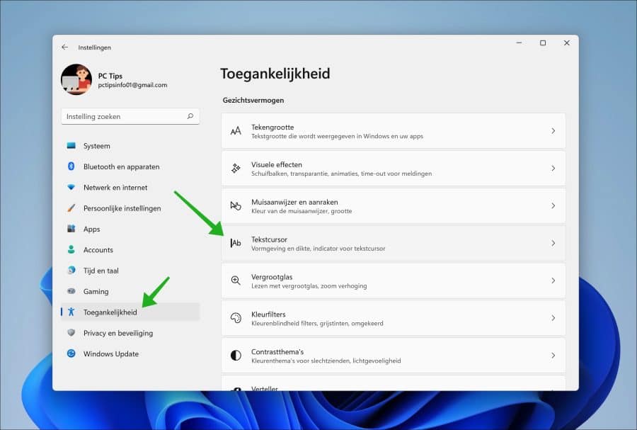 Tekstcursor instellingen in Windows 11