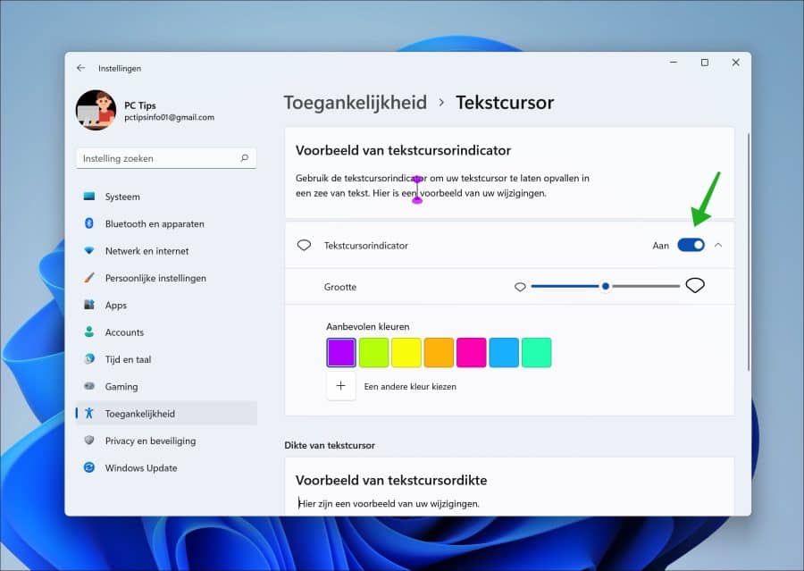 Tekstcursorindicator inschakelen in Windows 11