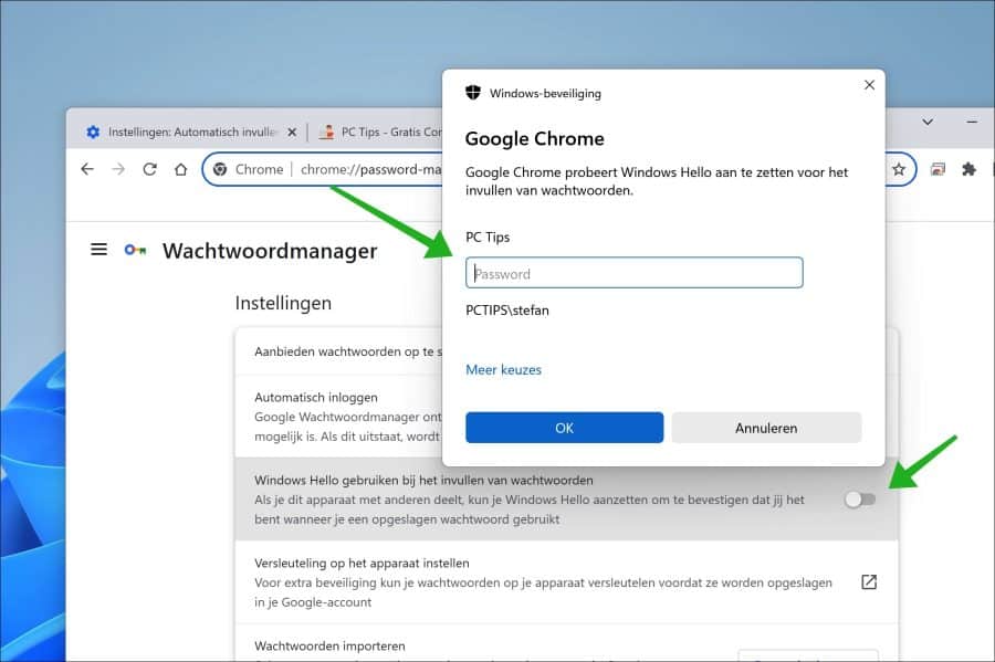 wachtwoord voor windows hello voor chrome inschakelen