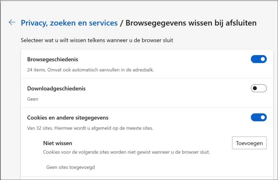 Browsegegevens wissen bij afsluiten in Microsoft Edge