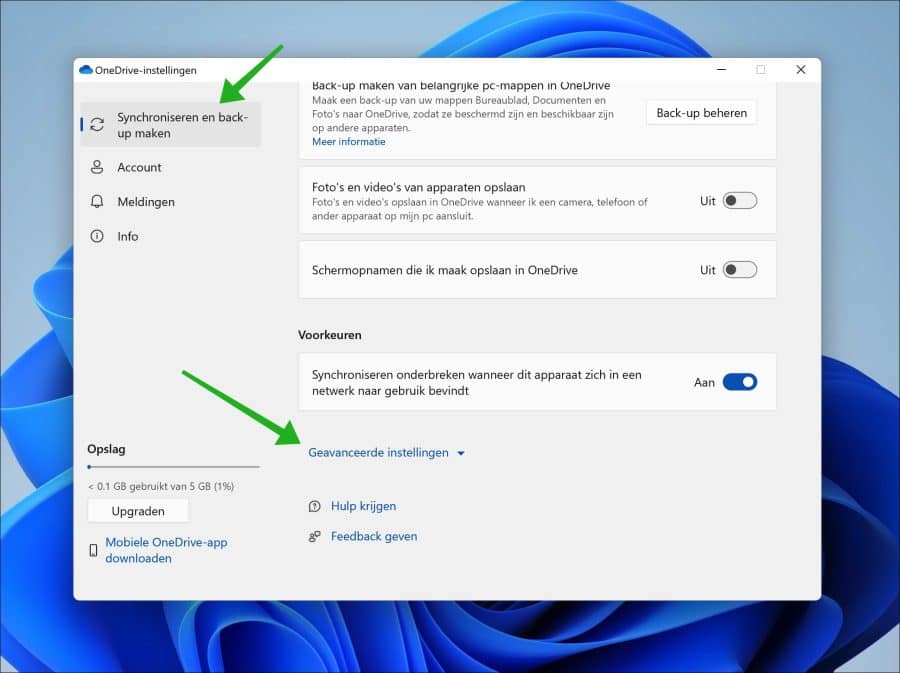 Geavanceerde Onedrive instellingen openen