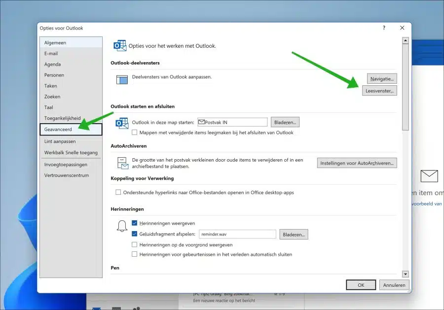 Leesvenster instellingen in Outlook