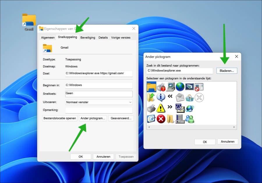 Pictogram van Gmail snelkoppeling wijzigen