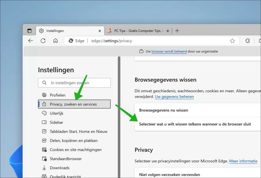 Selecteer wat u wilt wissen telkens wanneer u de browser sluit