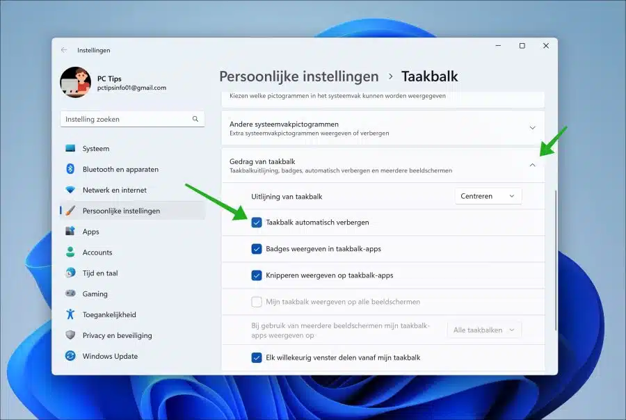 Taakbalk automatisch verbergen