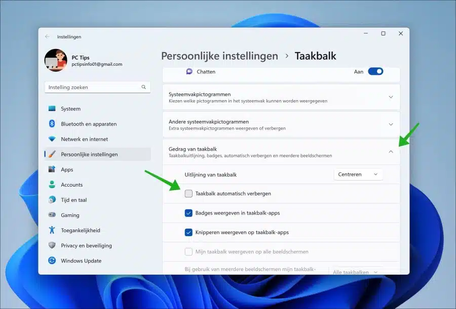 Taakbalk weergeven