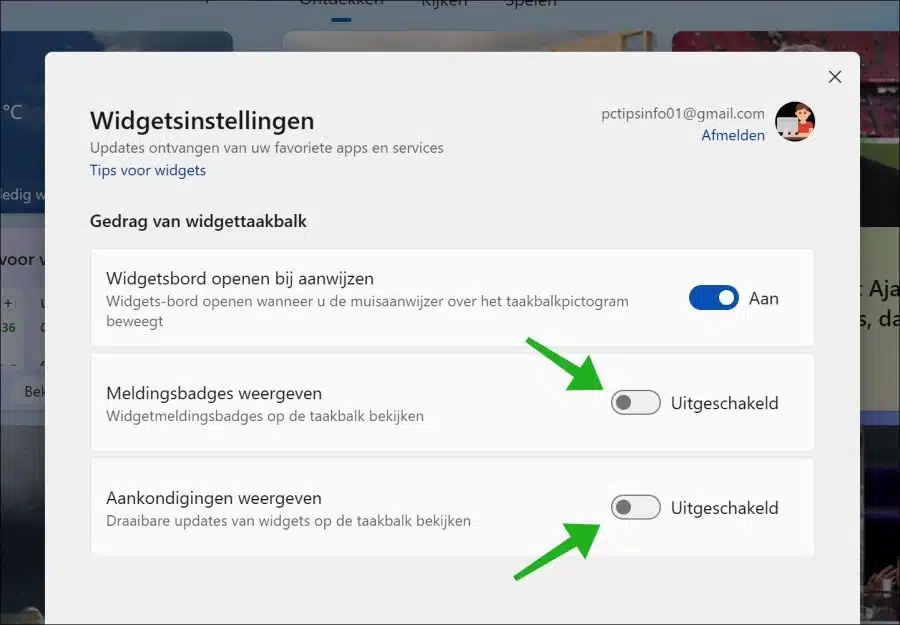 Widget meldingen uitschakelen in Windows 11