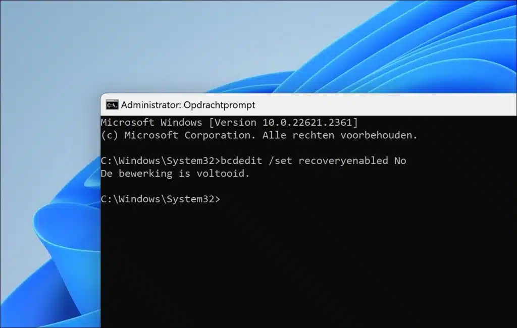 bcdedit set recoveryenabled No