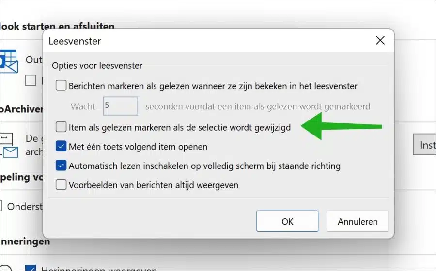 item als gelezen markeren als de selectie wordt gewijzigd