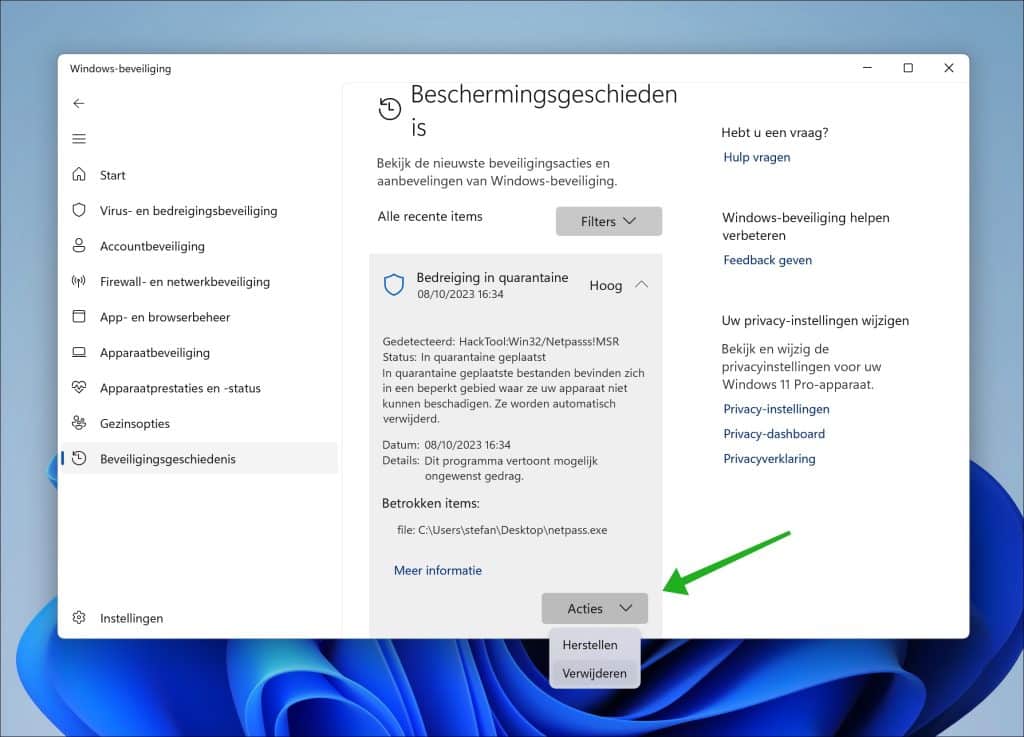 Beschermingsgeschiedenis windows beveiliging