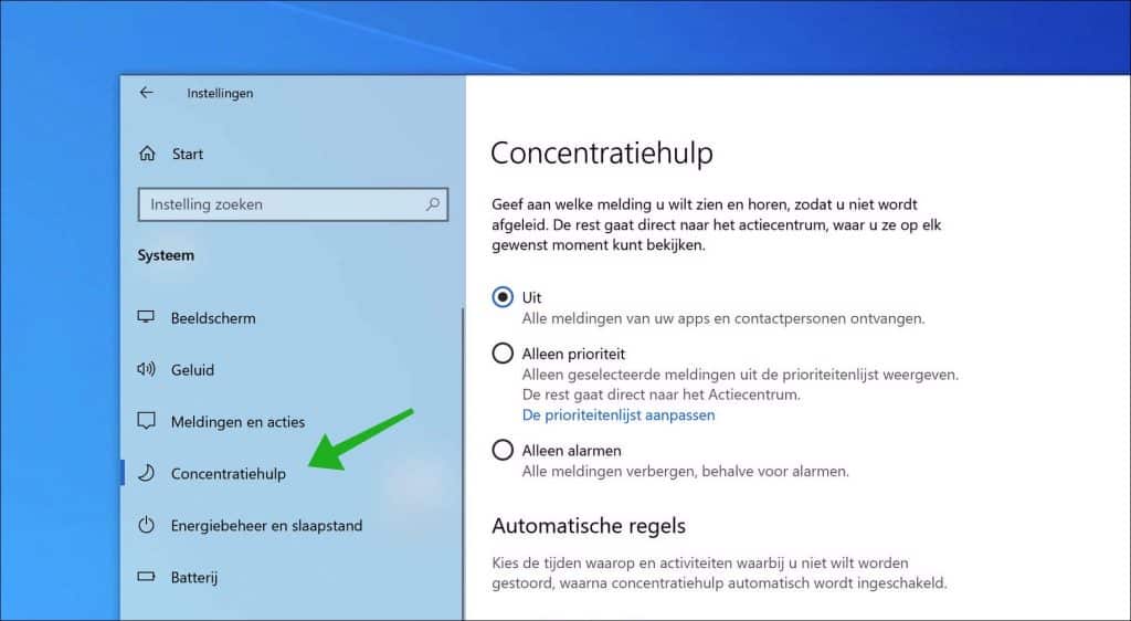 Concentratiehulp in Windows 10