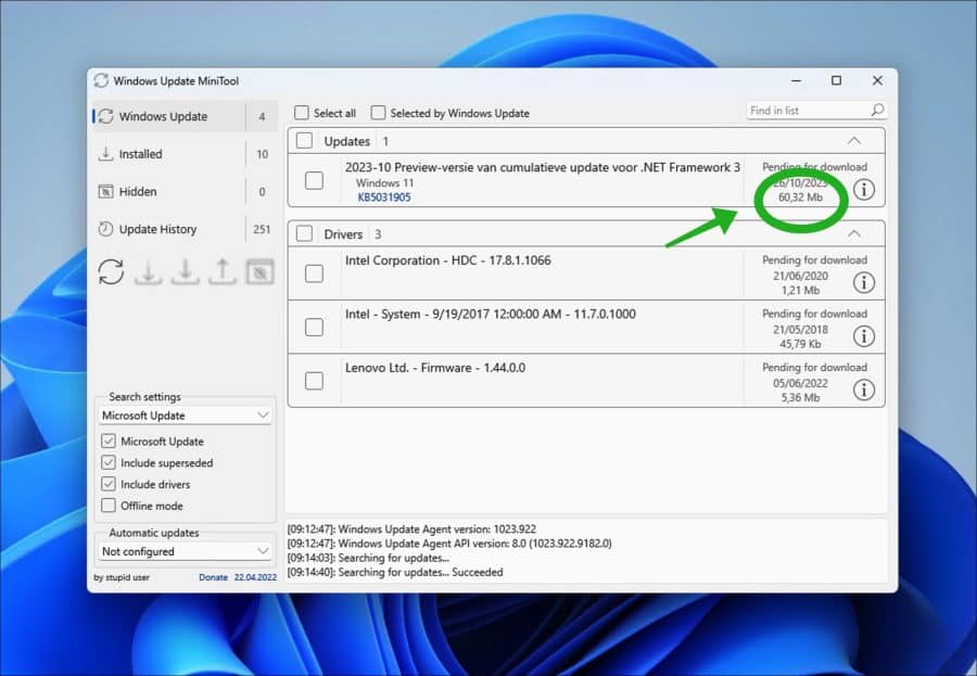 Grootte van Windows update bestanden bekijken