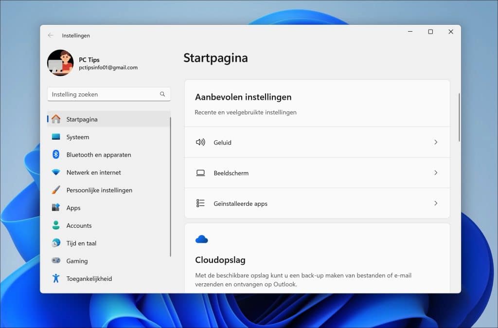 Instellingen startpagina in Windows 11