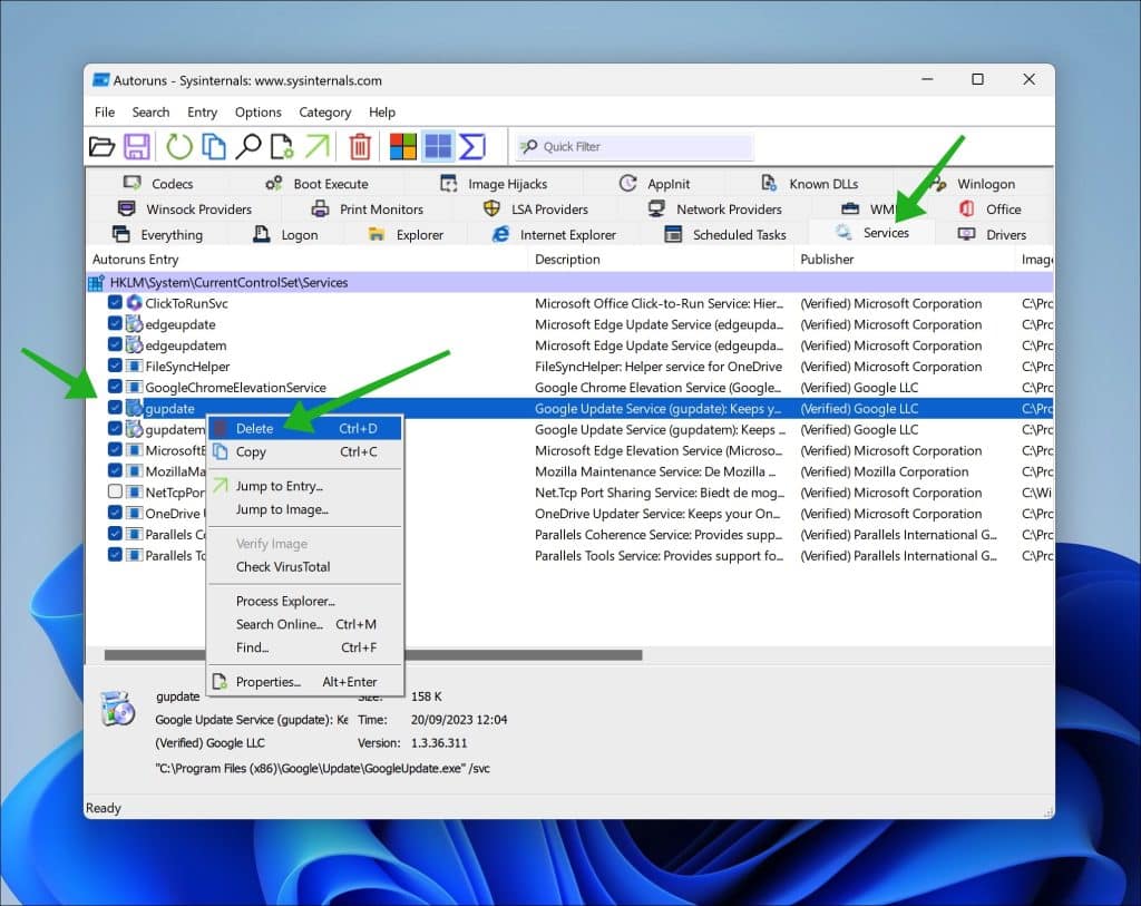 Service verwijderen via AutoRuns