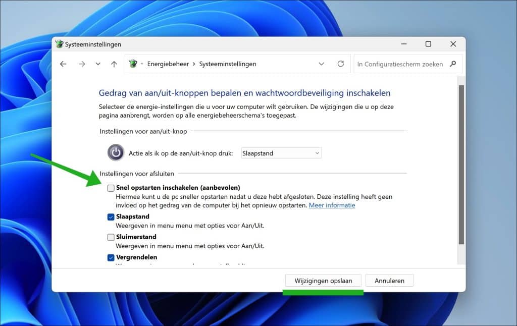 Snel opstarten inschakelen of uitschakelen in Windows 11