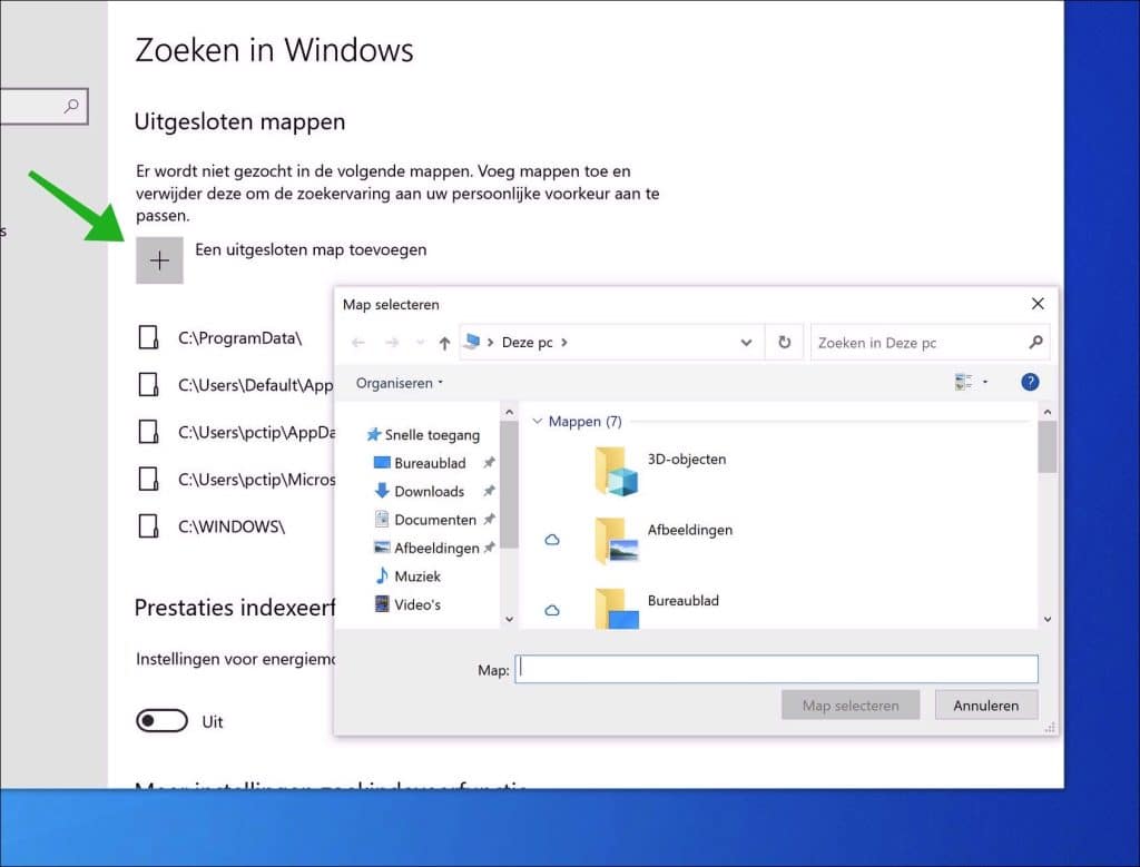 Uitgesloten mappen in Windows zoeken