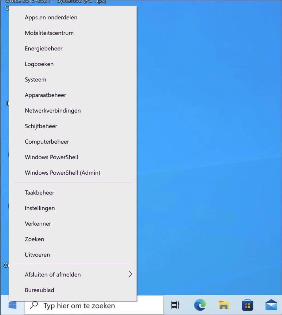 Verborgen Win-X menu