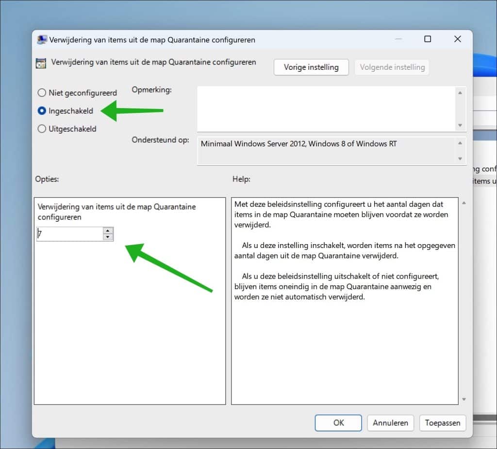 Verwijdering van items uit de map Quarantaine configureren
