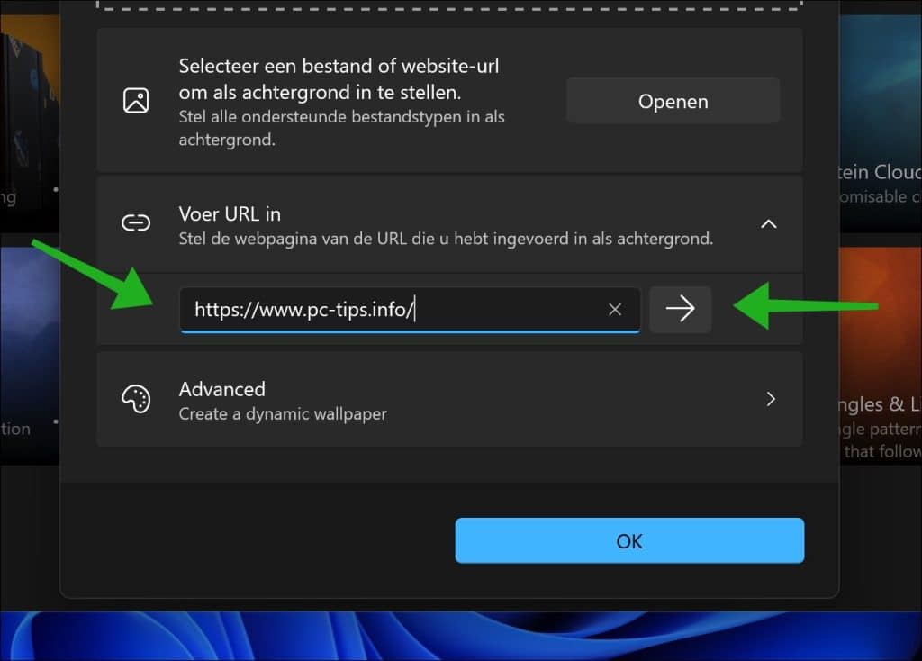 Voer URL in om in te stellen als achtergrond