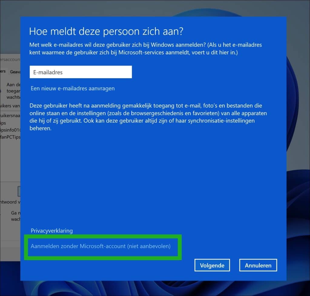 Aanmelden zonder Microsoft-account