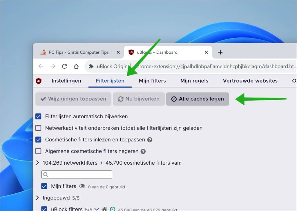 Alle caches legen in filterlijsten
