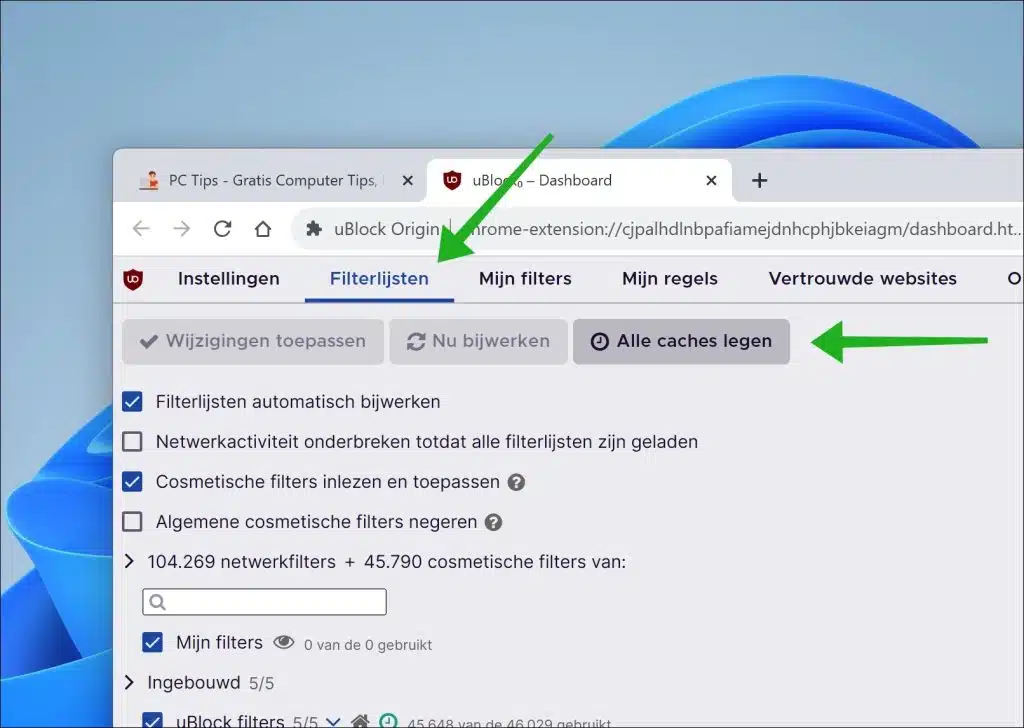 Alle caches legen in filterlijsten