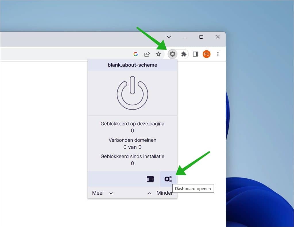 Dashboard openen in uBlock Origin