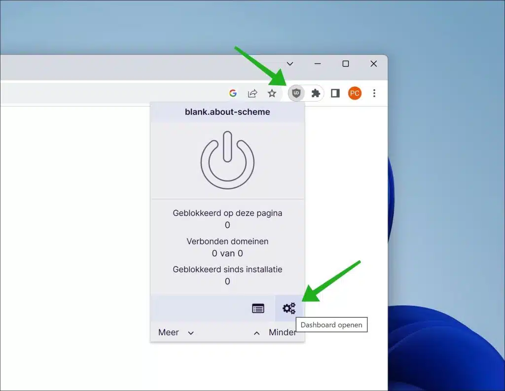 Dashboard openen in uBlock Origin