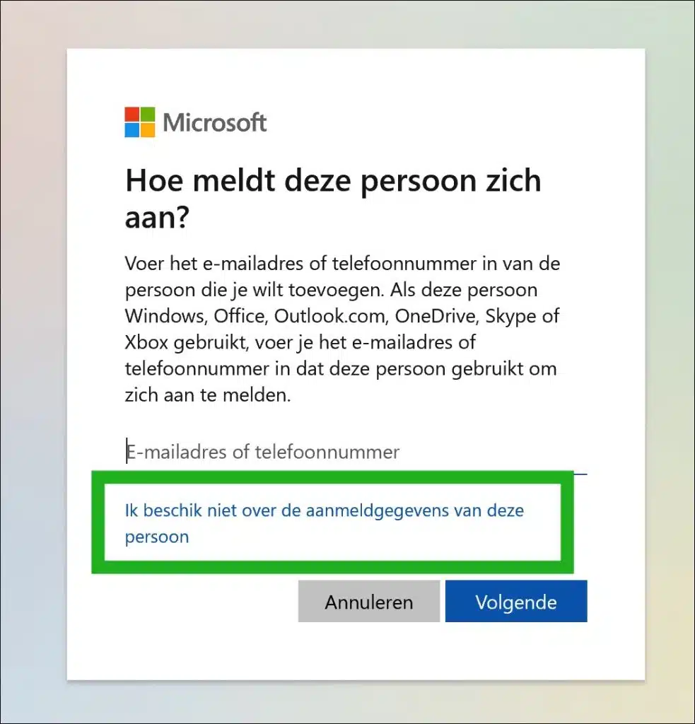 Ik beschik niet over de aanmeldgegevens van deze persoon