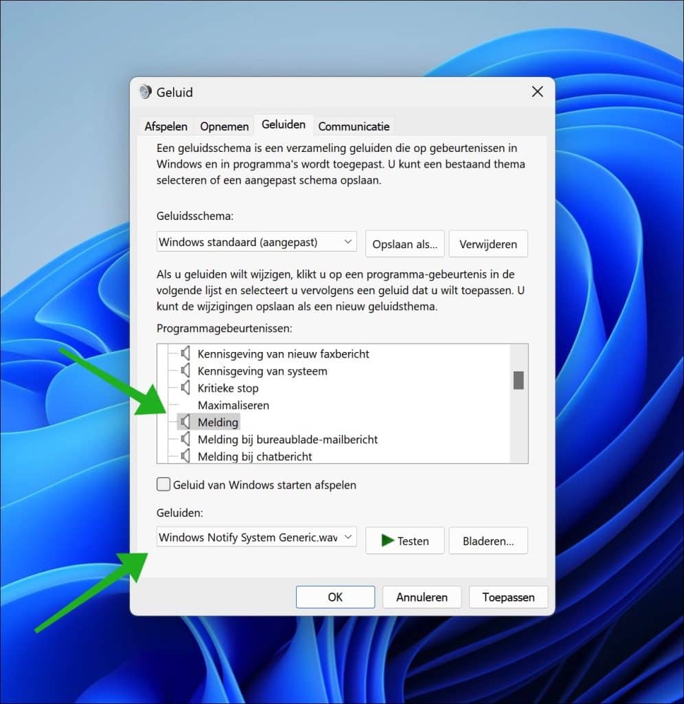 Meldingen geluid wijzigen in Windows 11