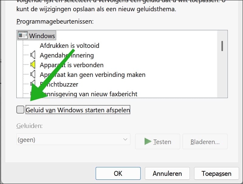 Opstartgeluid Windows 11 uitzetten