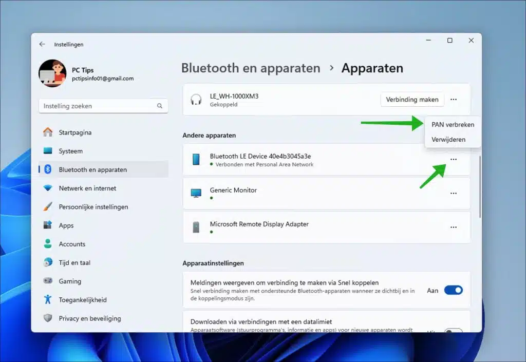 Verbinden met Bluetooth PAN (Personal Area Network) in Windows 11