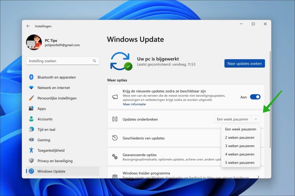 Updates onderbreken verlengen via Register in Windows 11