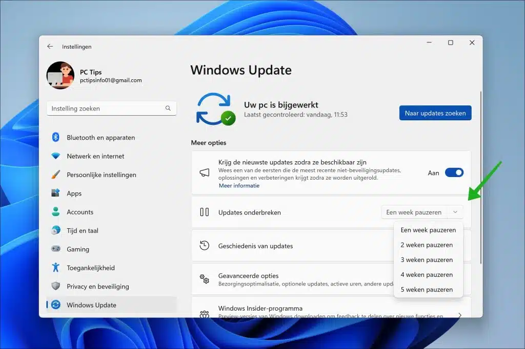 Updates onderbreken verlengen via Register in Windows 11