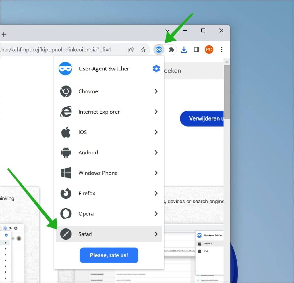 User agent wijzigen