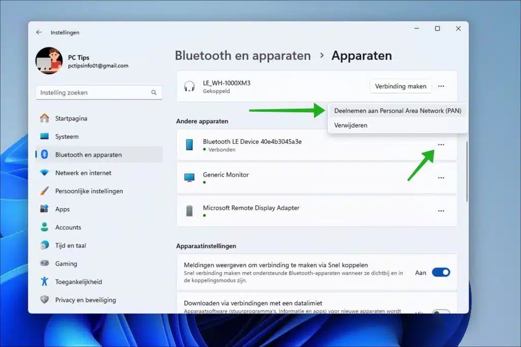 Verbinden met Bluetooth PAN (Personal Area Network) in Windows 11