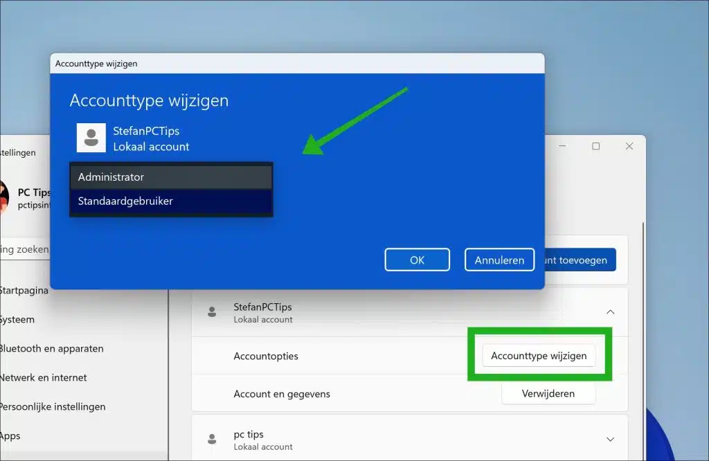 accounttype wijzigen