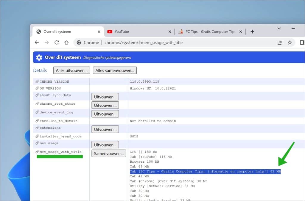 geheugenverbruik weergeven in chrome systeeminstellingen