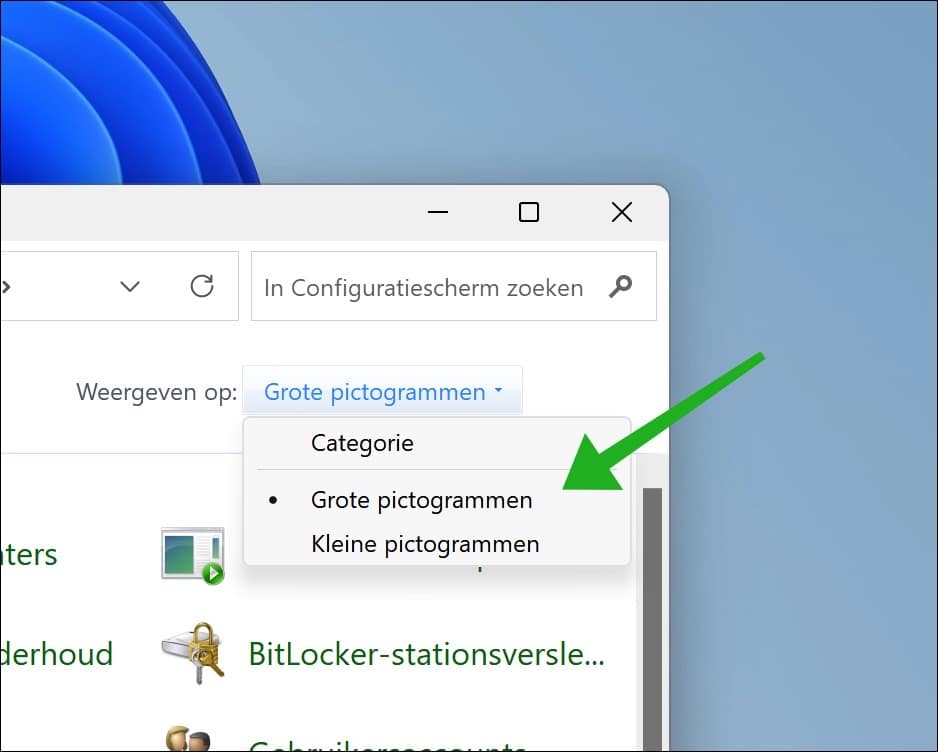 grote pictogrammen weergeven configuratiescherm