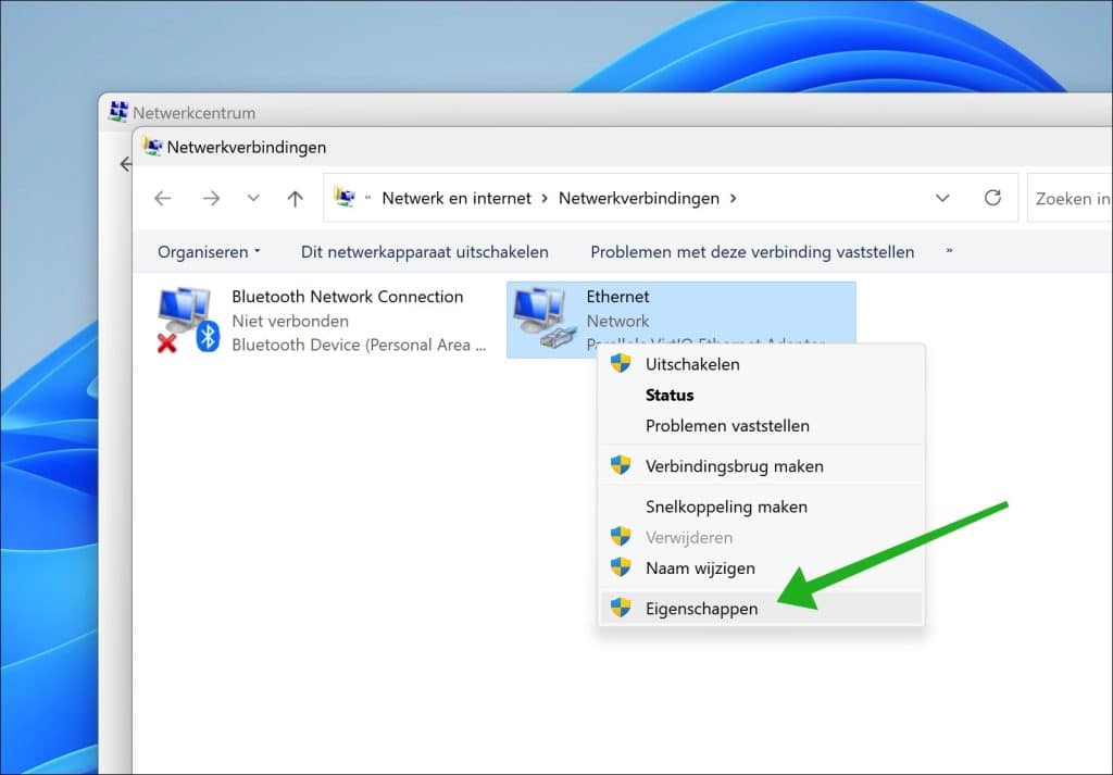 Adapter eigenschappen openen