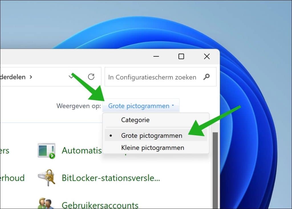 Grote pictogrammen configuratiescherm